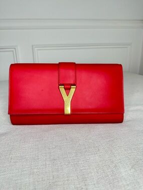 Yves Saint Laurent Red Leather Clutch with Gold Y Emblem